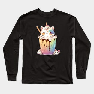 Kawaii Cat Drinks Boba Bubble Tea Anime Cute Animals drinking boba Long Sleeve T-Shirt